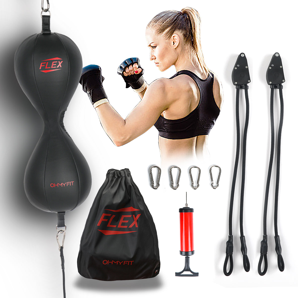 OHMY FIT Flex Dual Double End Punching Bag Bungee Cords w/Special Flex Adjustable System Durable Bladder Speed Bag Boxing Training Equipment for
